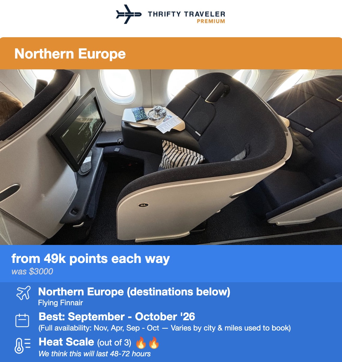 Finnair business class flight deal for 63k each way