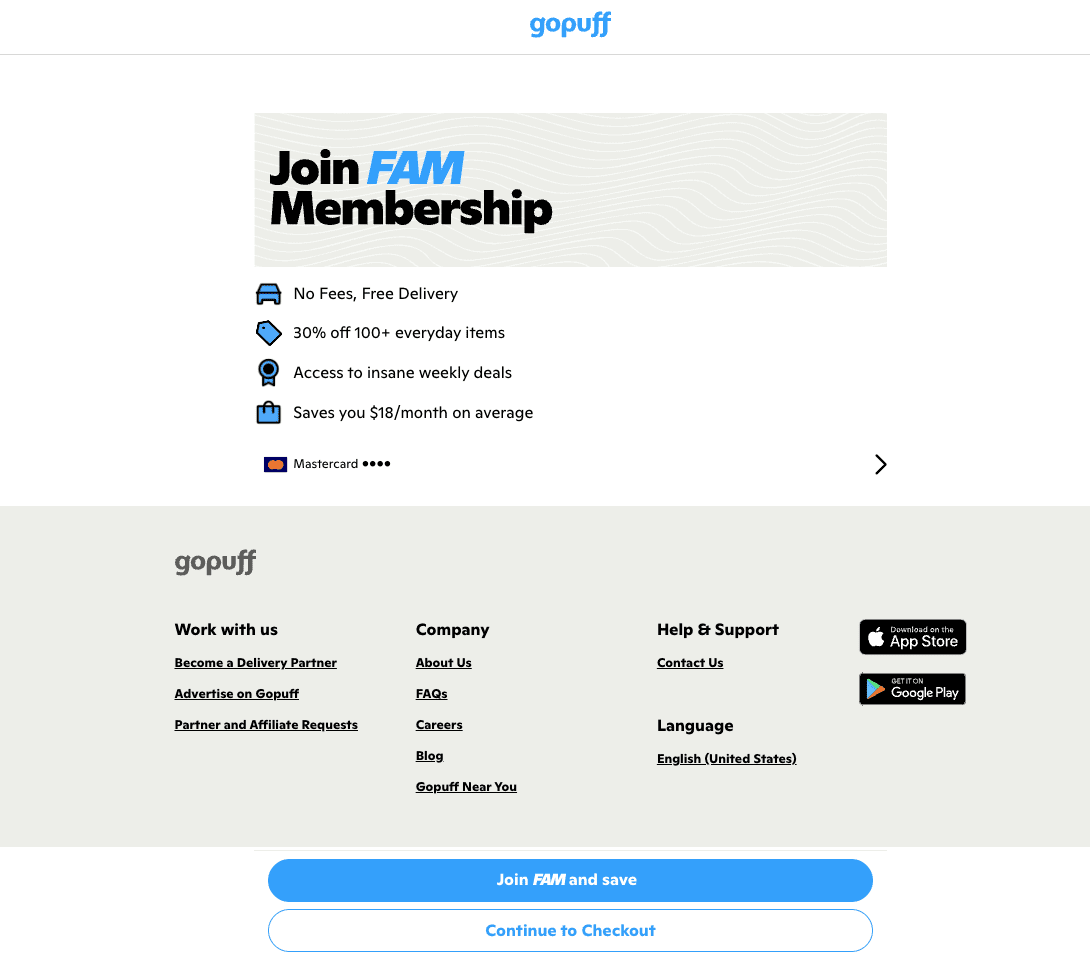 GoPuff FAM Membership join screen