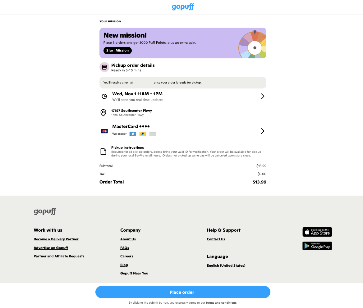 GoPuff Pickup Checkout screen
