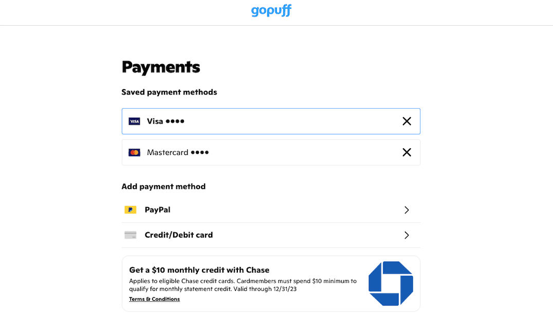 GoPuff card payment screen