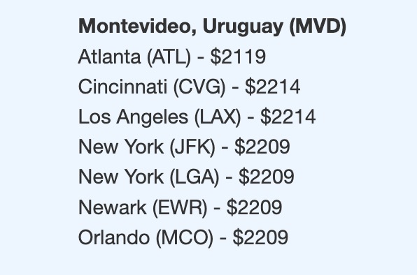 Uruguay business class airfare