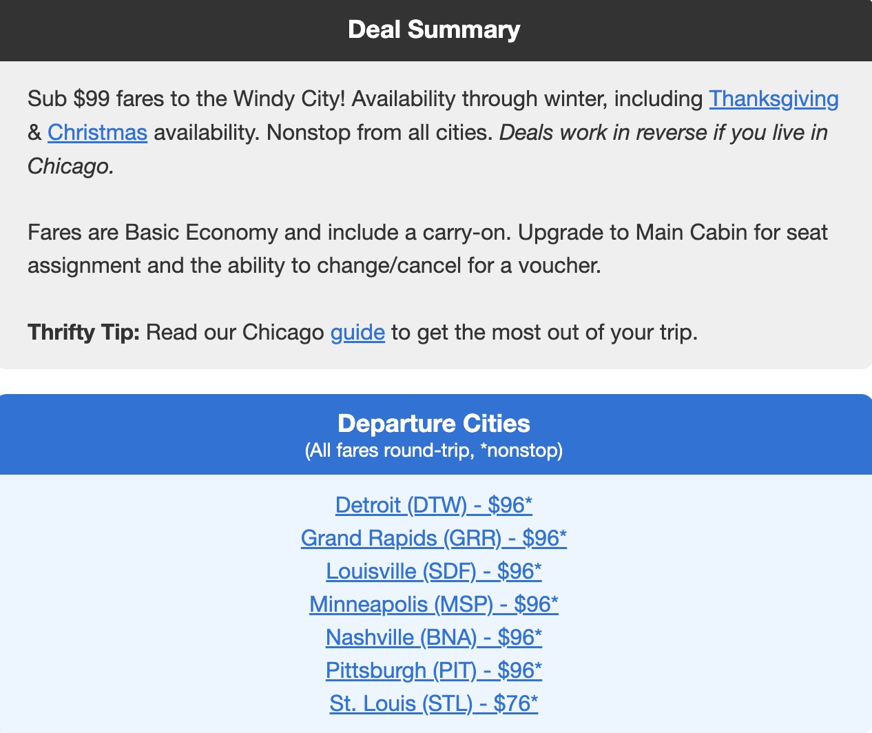 Chicago flight deal with fares in the $90s roundtrip. 