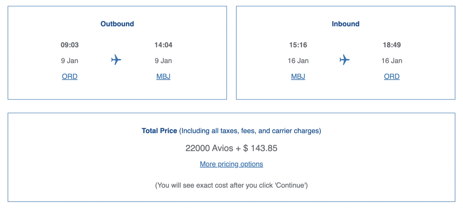 British Airways award booking for a Chicago to Jamaica flight