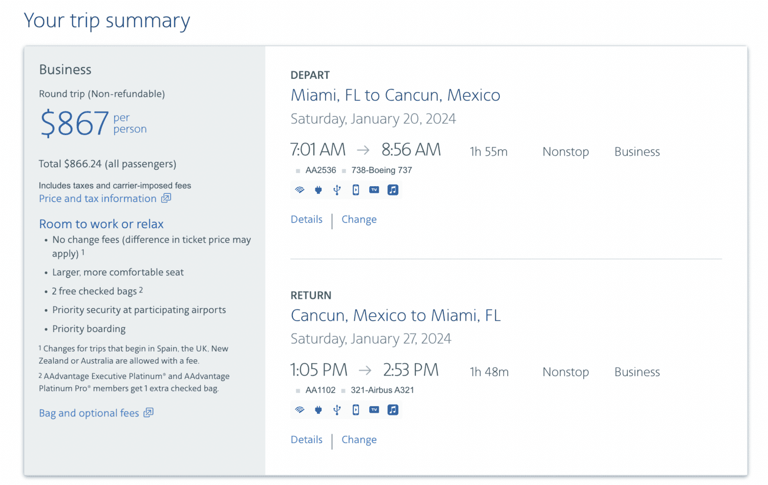 American flights from Miami to Cancun in business class 