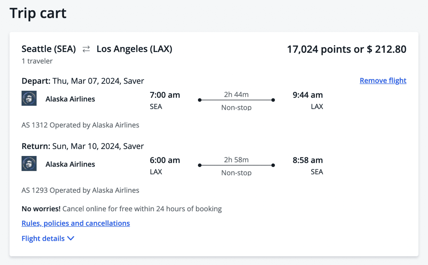 Chase Travel Portal Seattle to Los Angeles flight