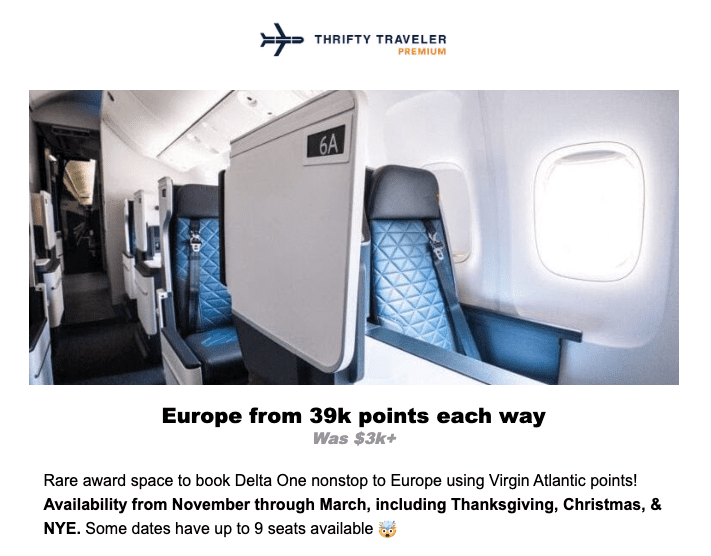 Thrifty Traveler premium alert for Delta One booking through Virgin Atlantic