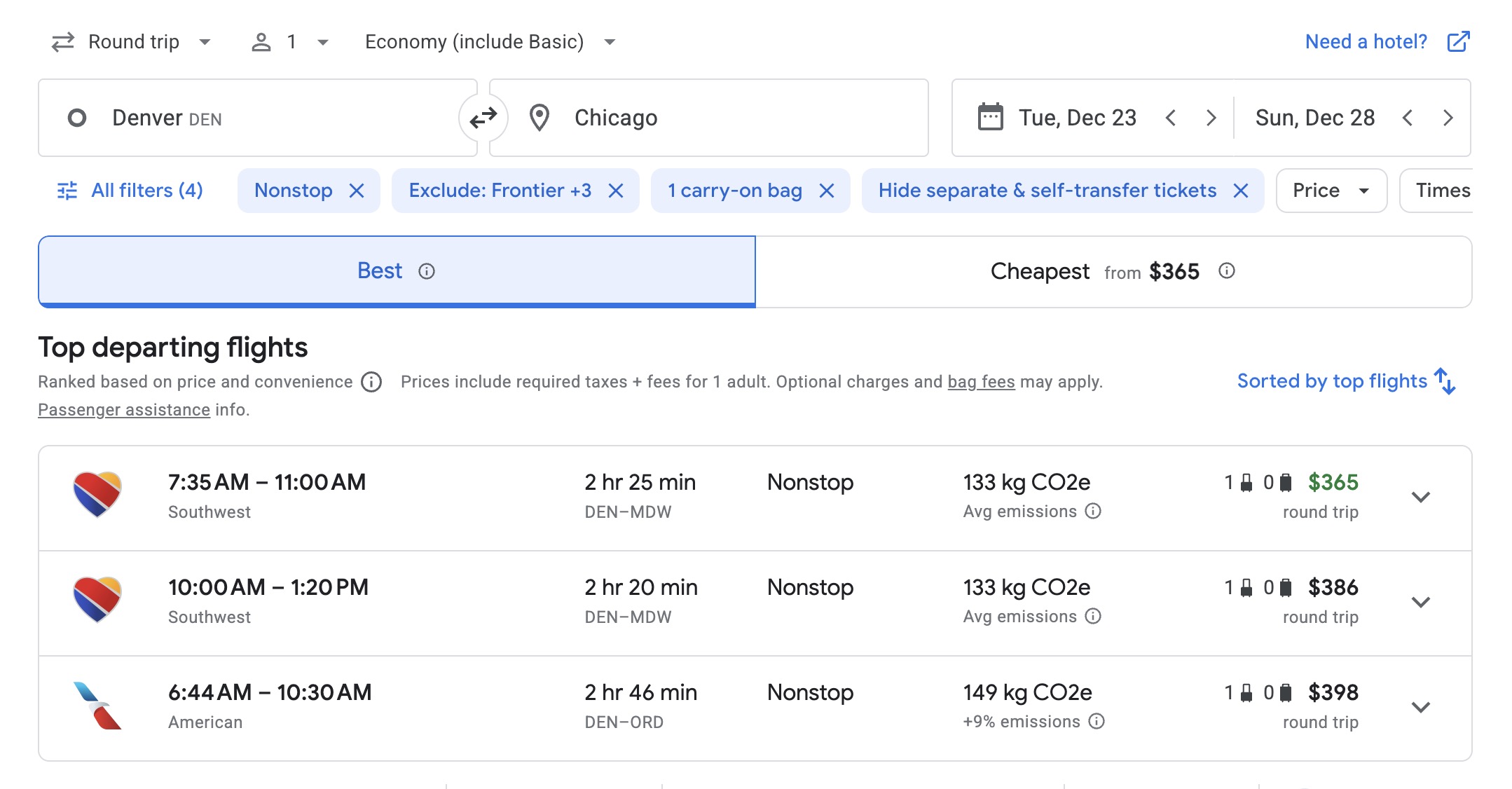Holiday flights basic economy DEN-ORD
