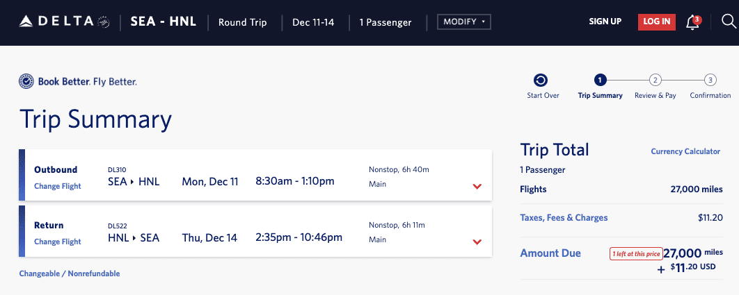 Seattle to Honolulu 27k SkyMiles round-trip