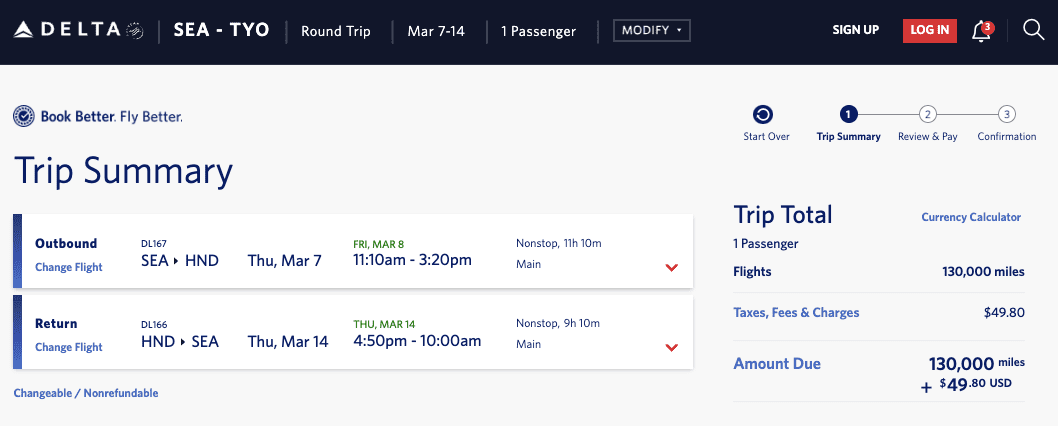 Seattle to Tokyo 130k SkyMiles round-trip