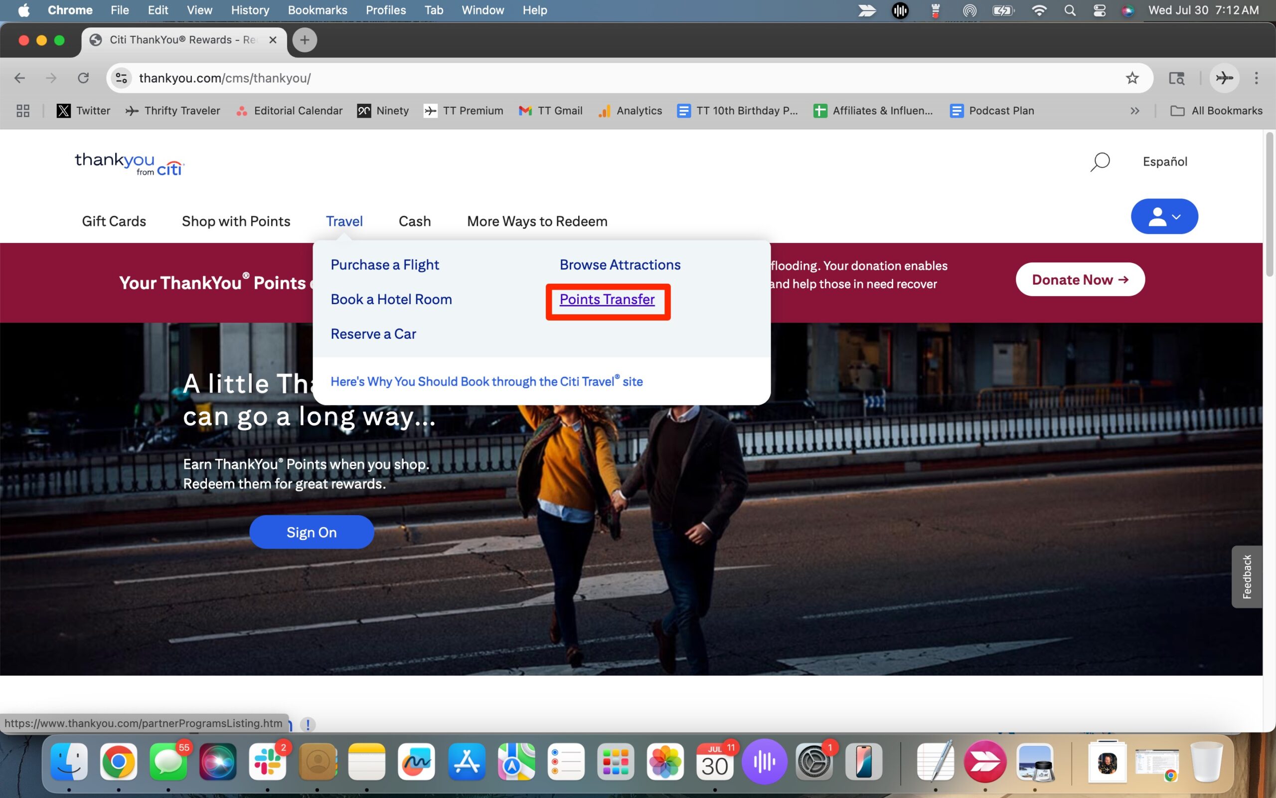 citi thankyou page showing option to transfer points