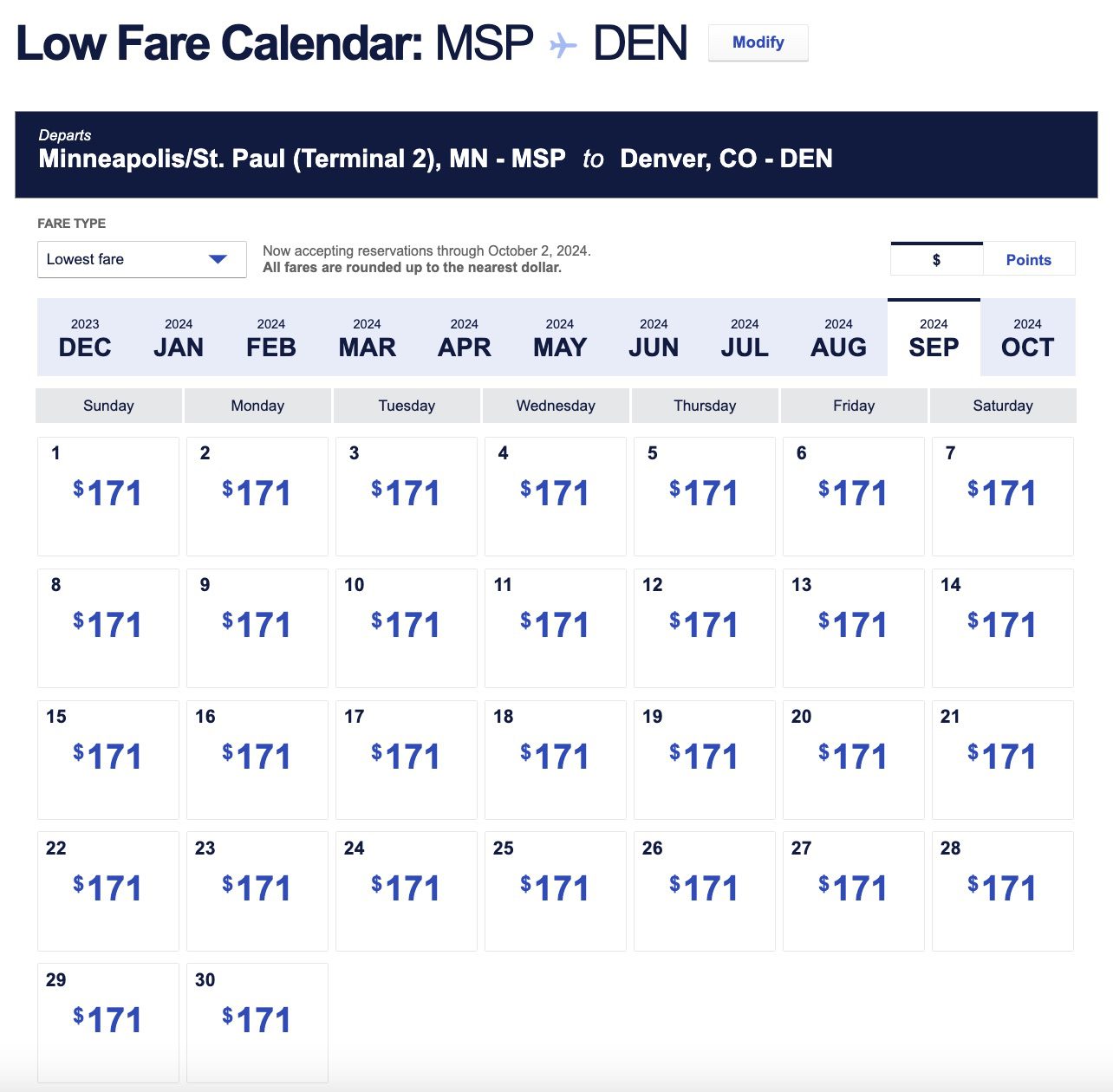 calendar of flights on southwest
