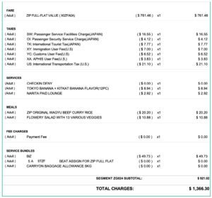 Zipair business class receipt