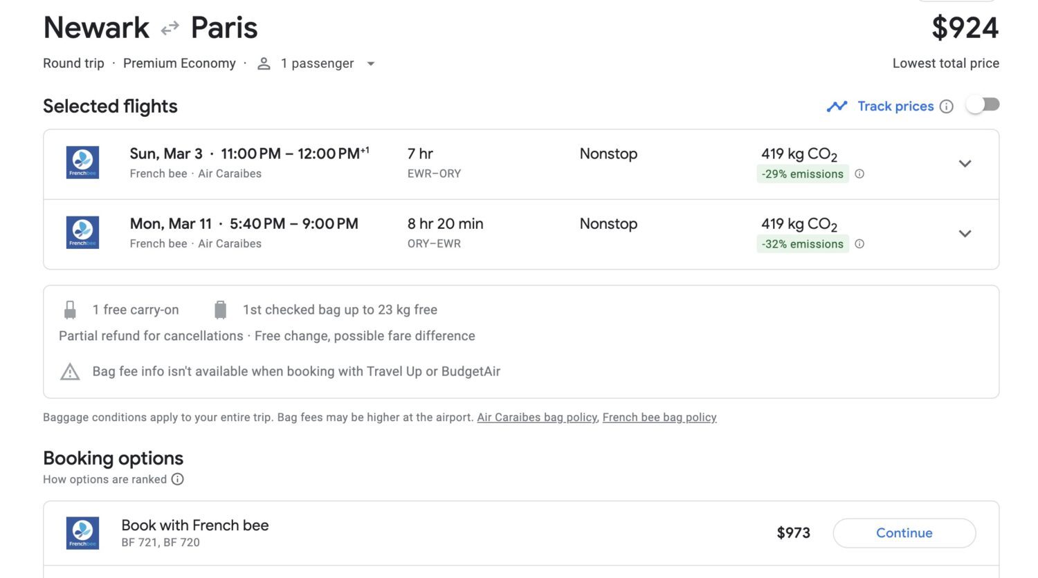 EWR ORY premium economy fare