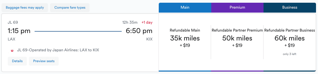 lax - kix business class flight booked on alaska