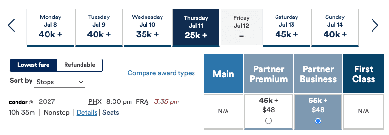 phx - fra condor alaska award booking