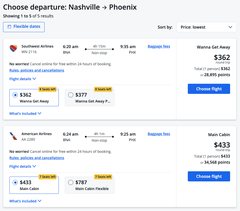 chase travel portal search results