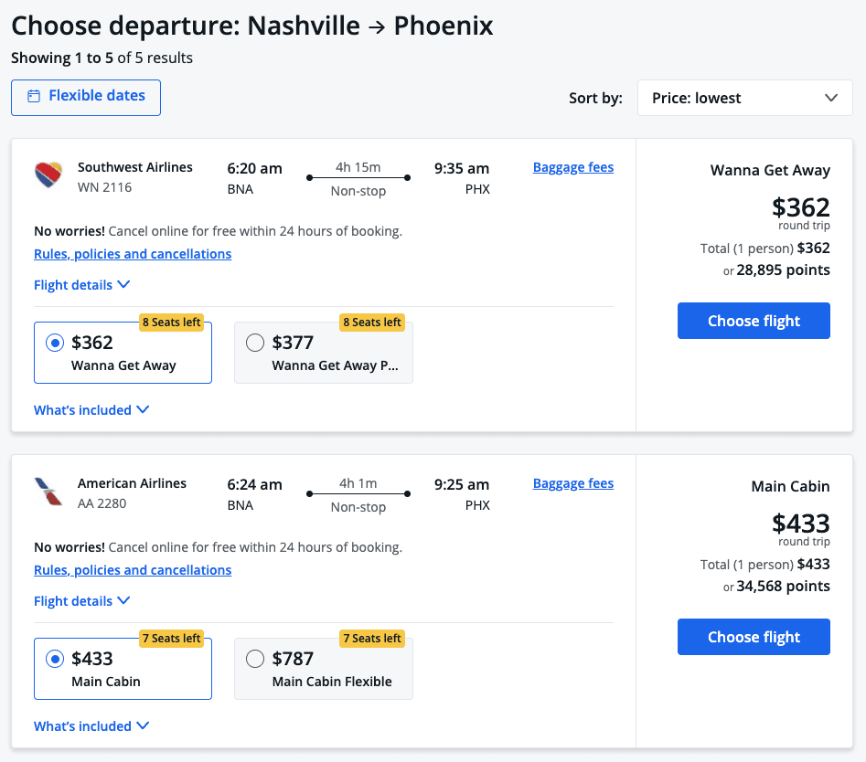 southwest fares in chase travel portal