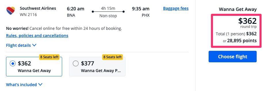 Southwest booking in the Chase Portal