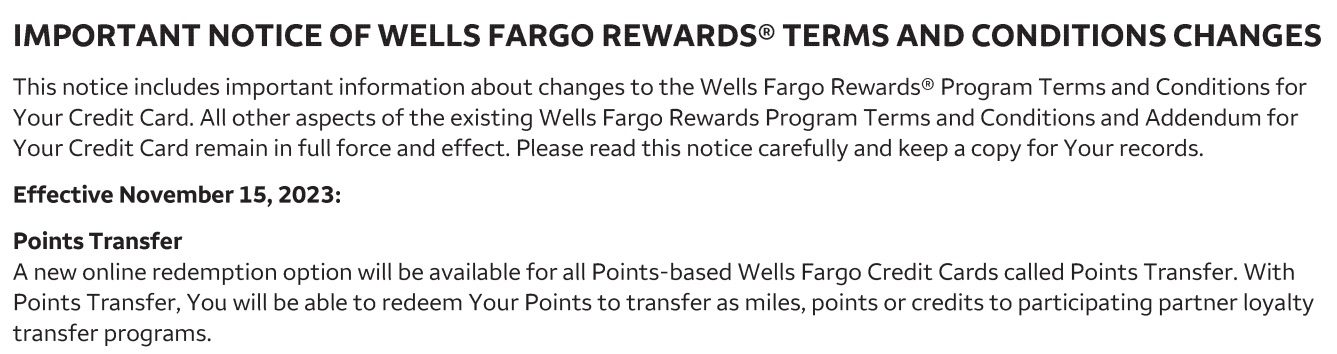 Wells Fargo points transfer notice
