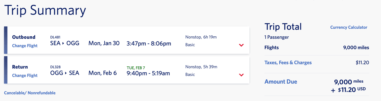 trip summary seattle to maui for 9,000 delta skymiles