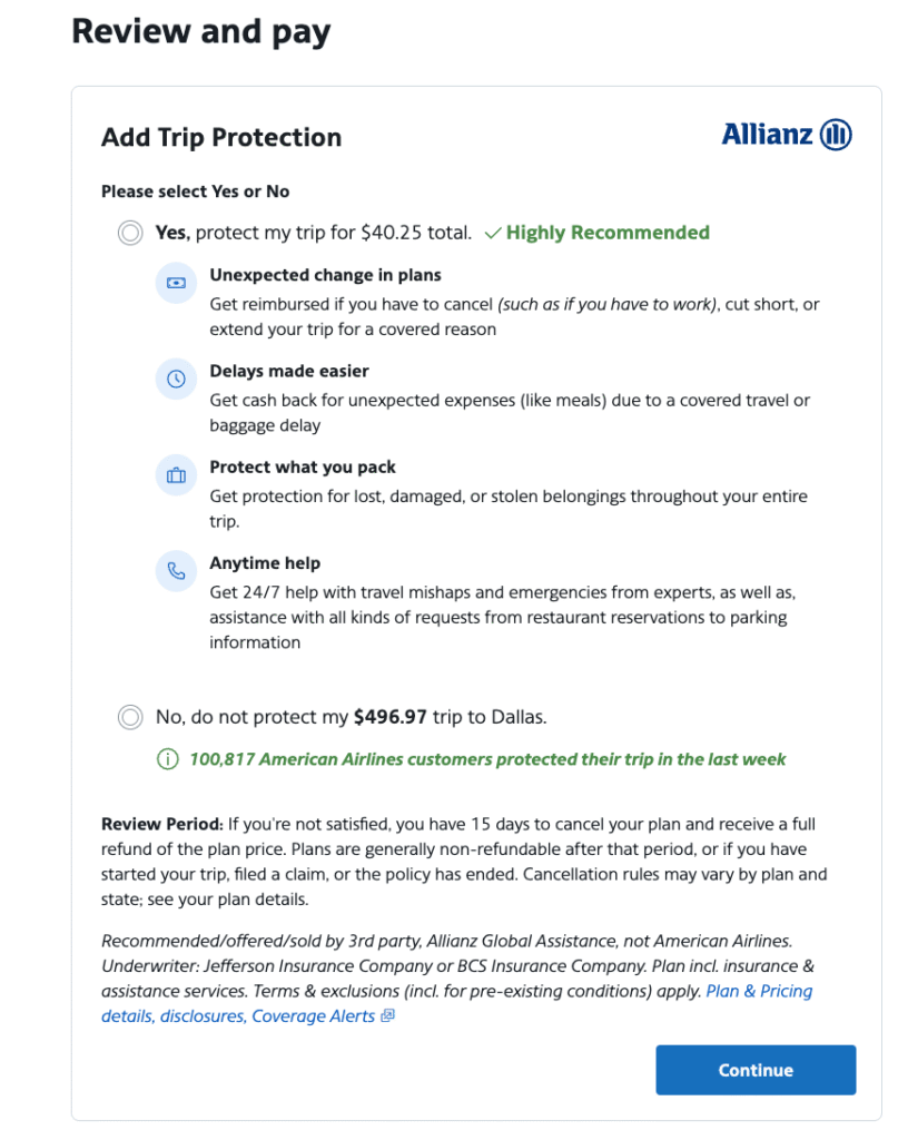 aa trip protection upsell during the checkout process