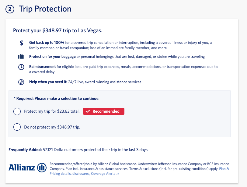 Delta Trip protection offer on the checkout page