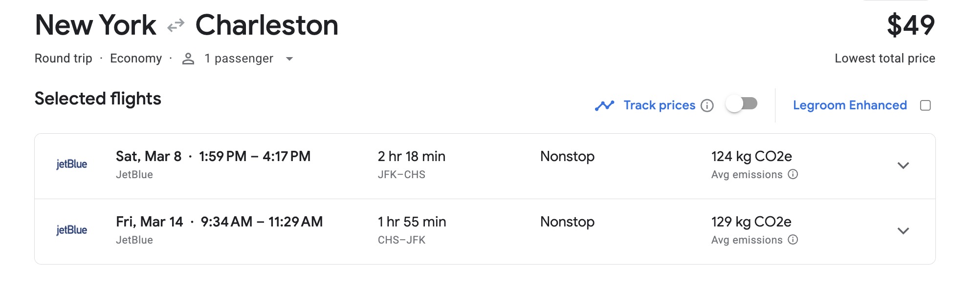 JFK to Charleston fare for $49 on JetBlue. 