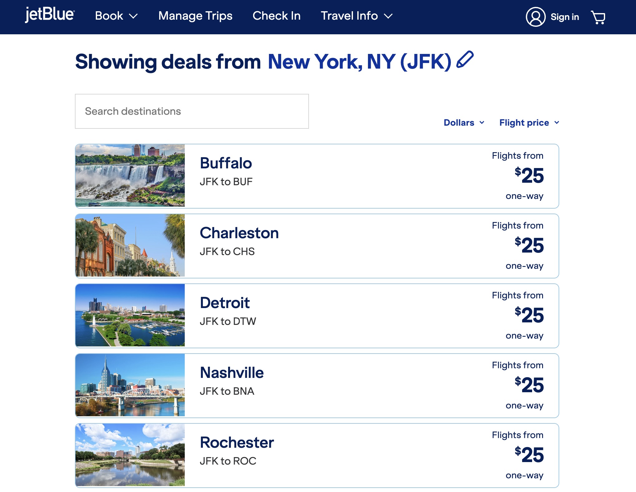 JetBlue sale page for one-way flights from $25. 