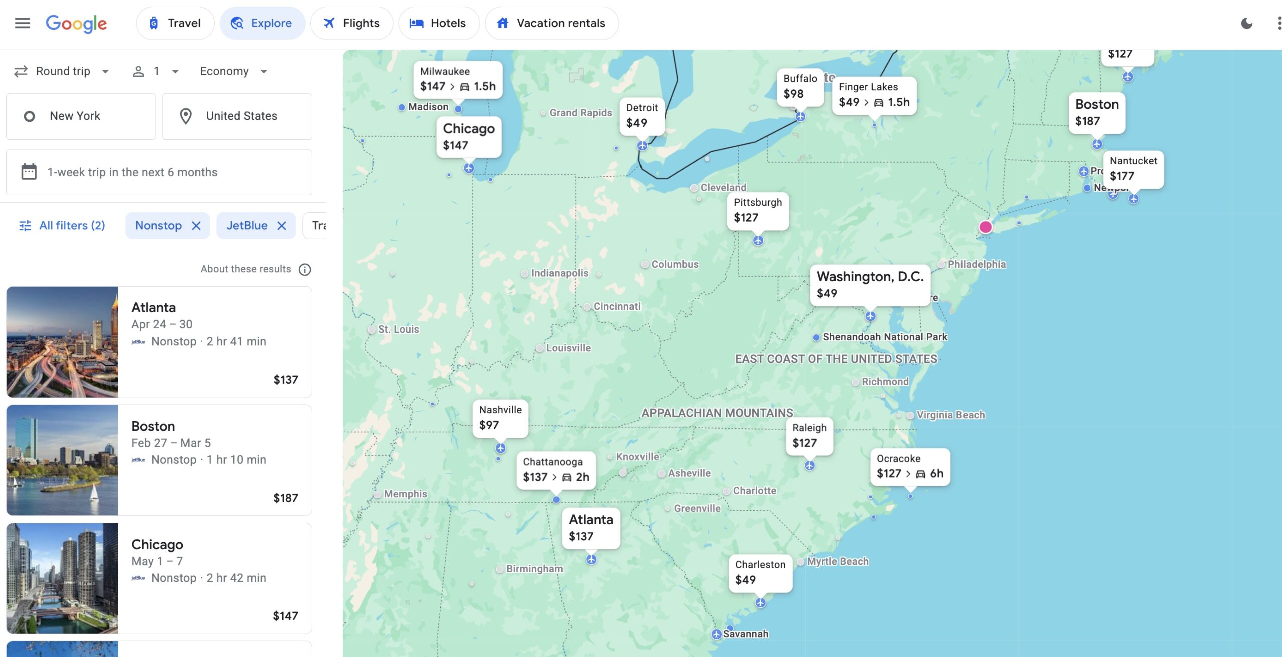 Google Flights Explore from New York, showing the lowest fares to multiple cities in the U.S. 