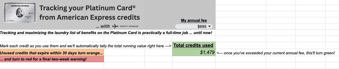Platinum Card annual fee and credit tracking on a spreadsheet. 