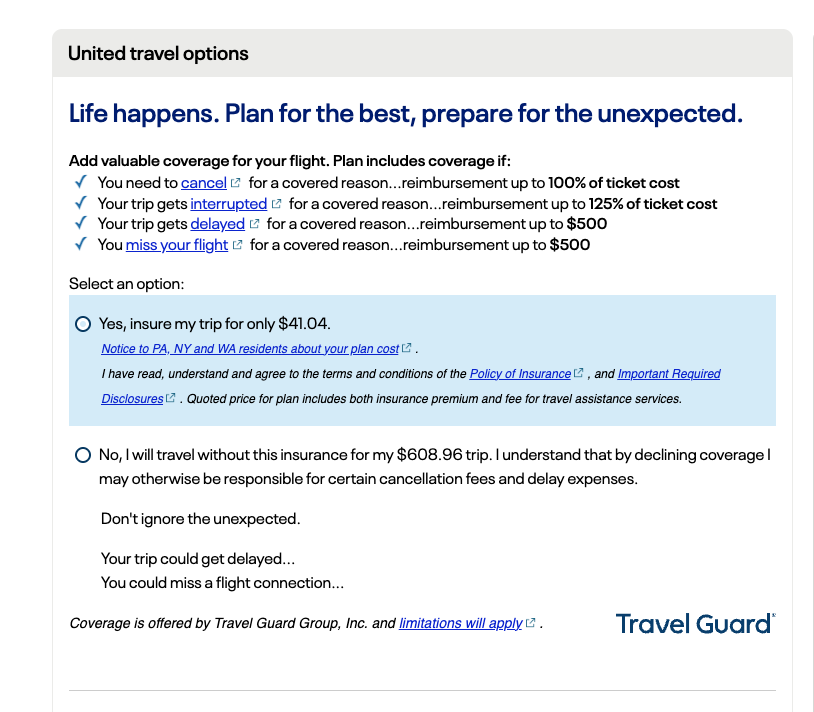 United Trip Protection upsell during the checkout process