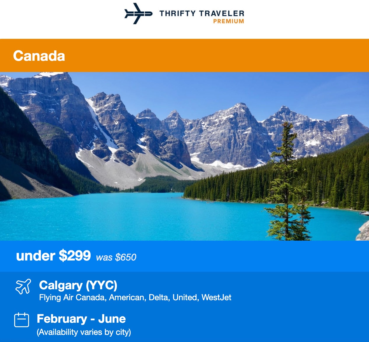 Thrifty Traveler Premium Banff flight deal
