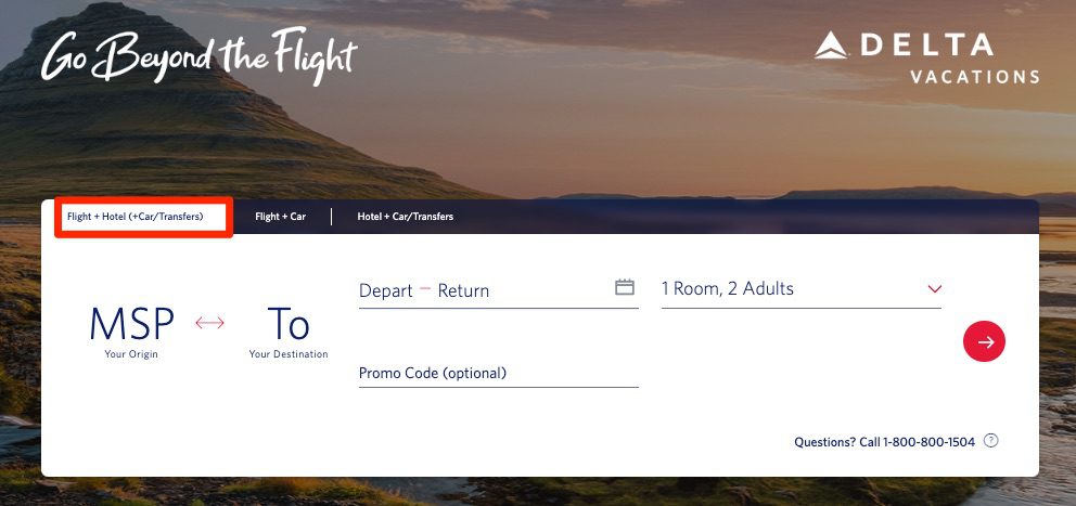 Delta Vacations search screen