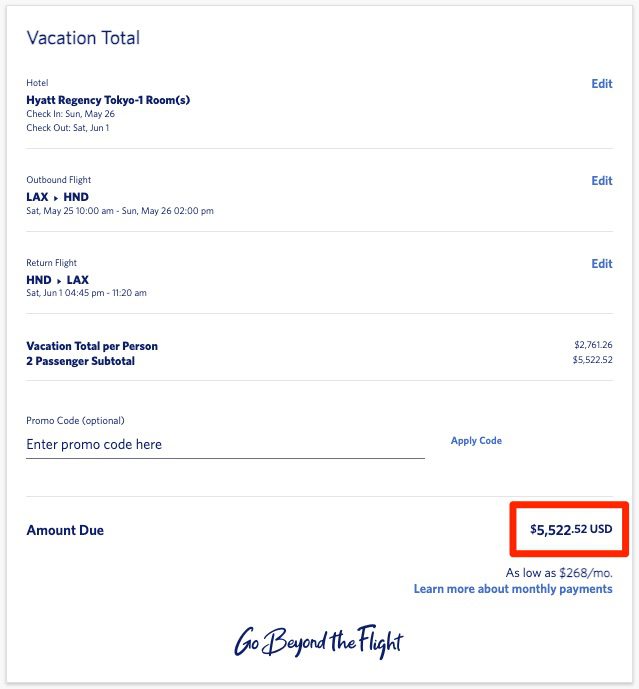 Delta Vacations total price LAX-HND