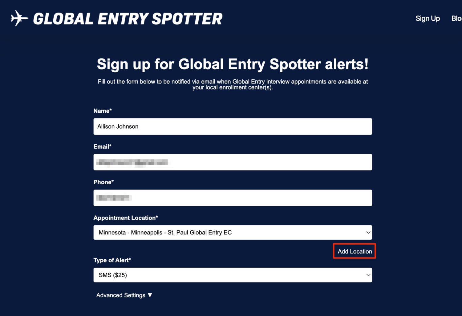 Global Entry Spotter sign up
