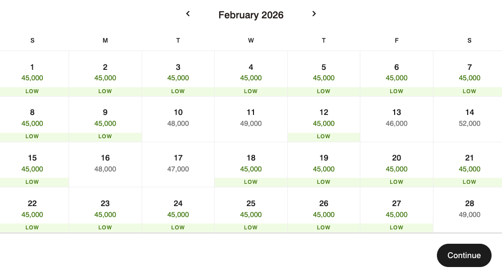 Award availability at Tambo del Inka (February 2026 calendar view)