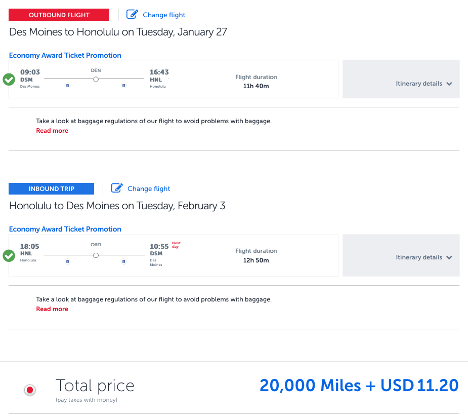 Des Moines to Hawaii for 20k Turkish miles roundtrip