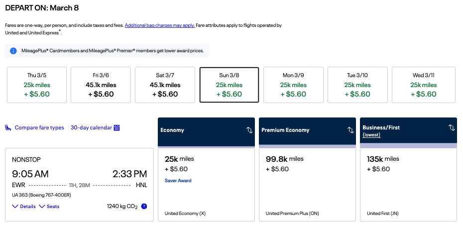 Newark to Honolulu nonstop saver award on United