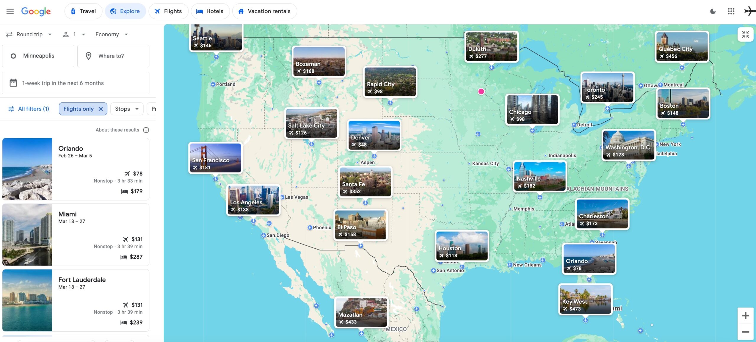 explore map from google flights