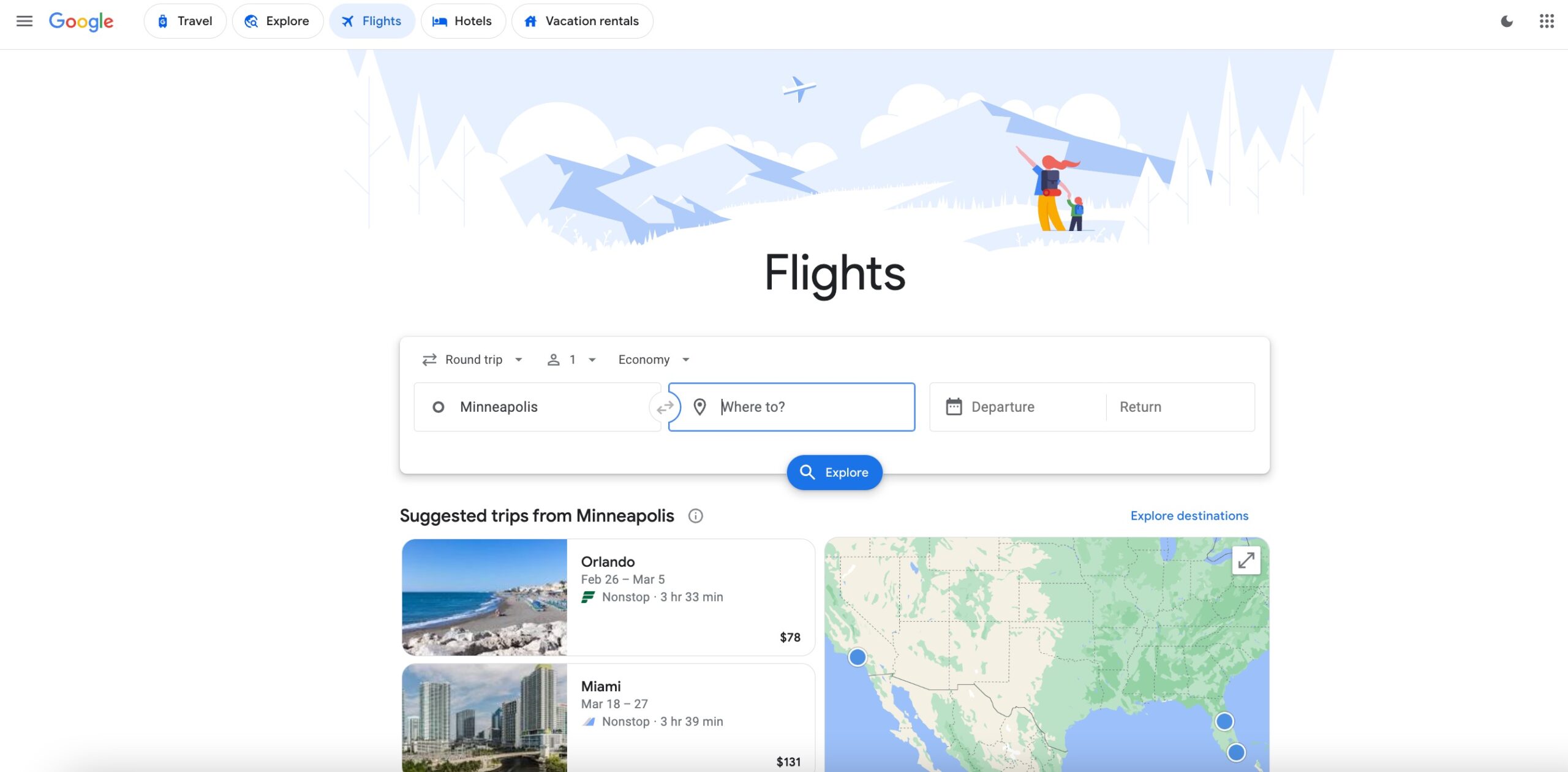 homepage of google flights