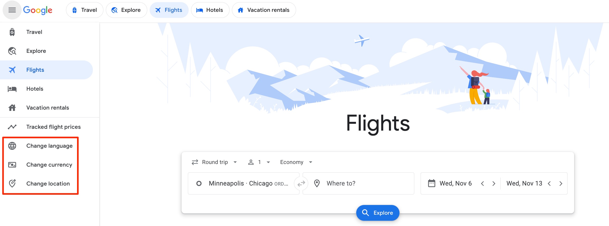 google flights menu options