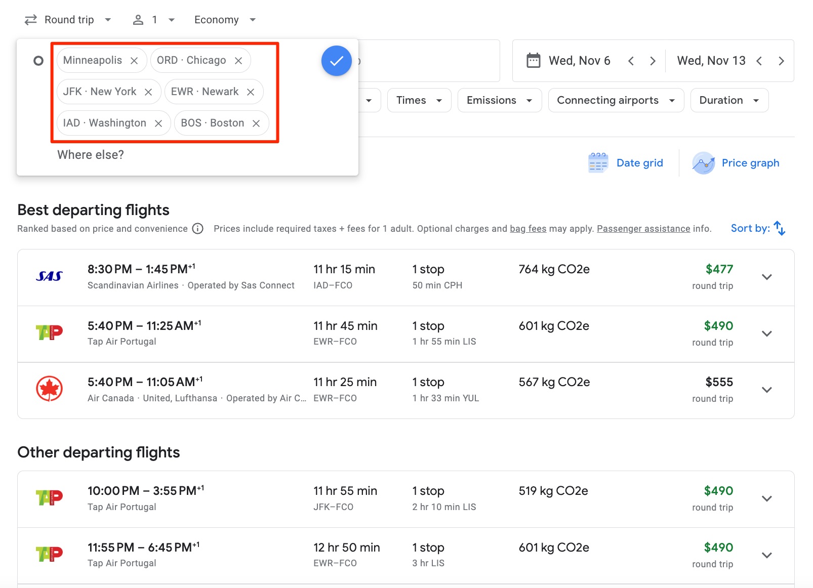google flights multiple airports