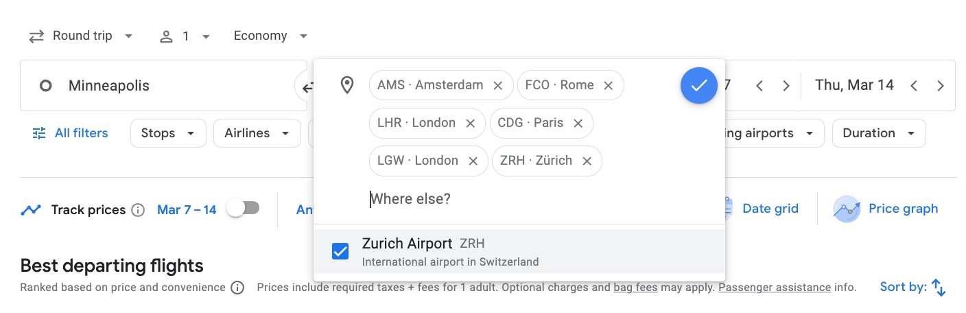 google flights search with multiple destination airports