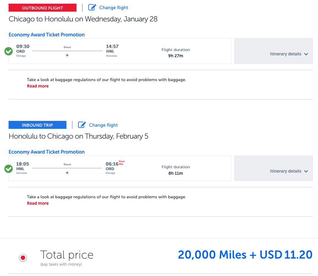 Chicago to Hawaii nonstop on United for 20k Turkish miles roundtrip