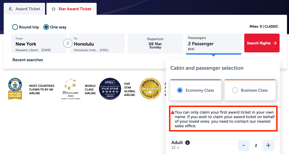 error when trying to book 2 passengers online with Turkish miles