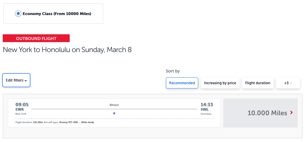 Newark to Honolulu for 10k Turkish miles one-way