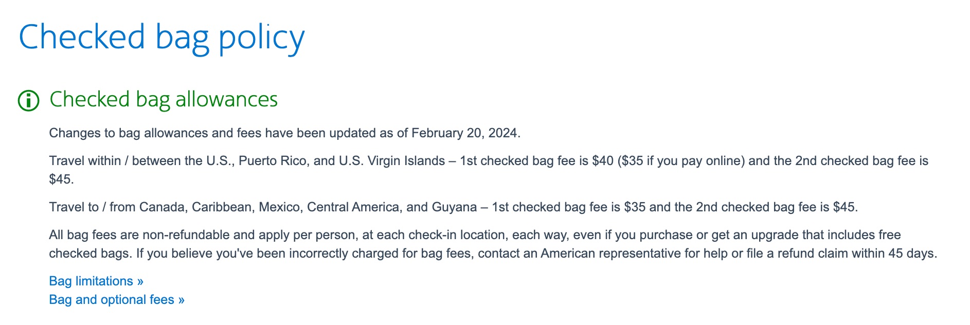 American Airlines new checked bag policy