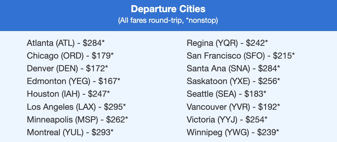 Calgary nonstop flight deal with fares in the $200s roundtrip. 
