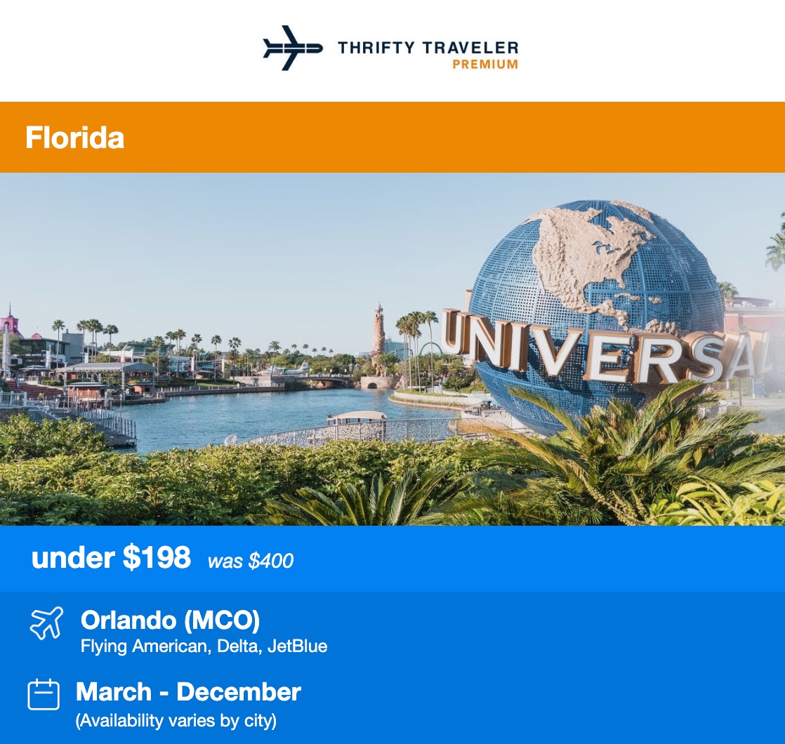 Thrifty Traveler Premium flight deal for Orlando
