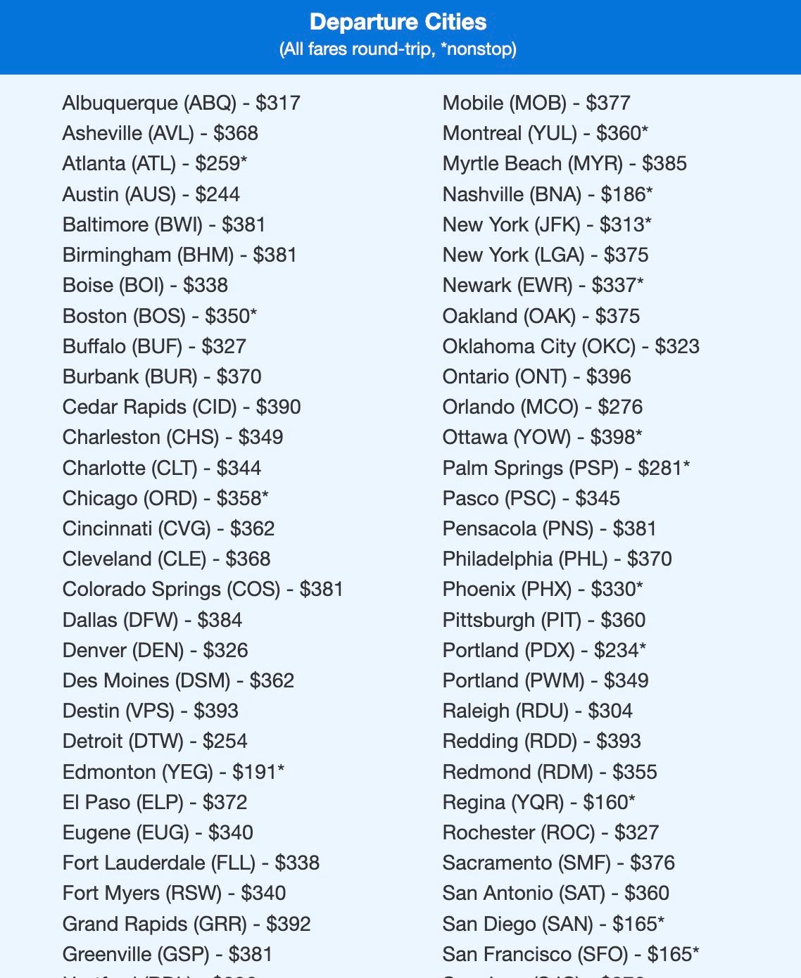 Cheap flights to Vancouver listed out alphabetically. 